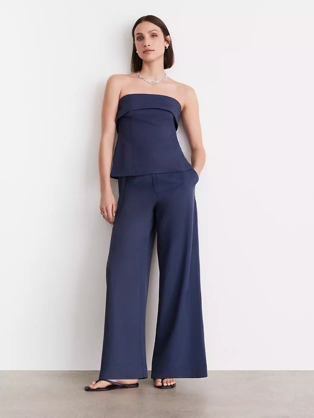 LOFT Versa Pure Spun Foldover Strapless Top Cavernous Blue Women's Size 14‎